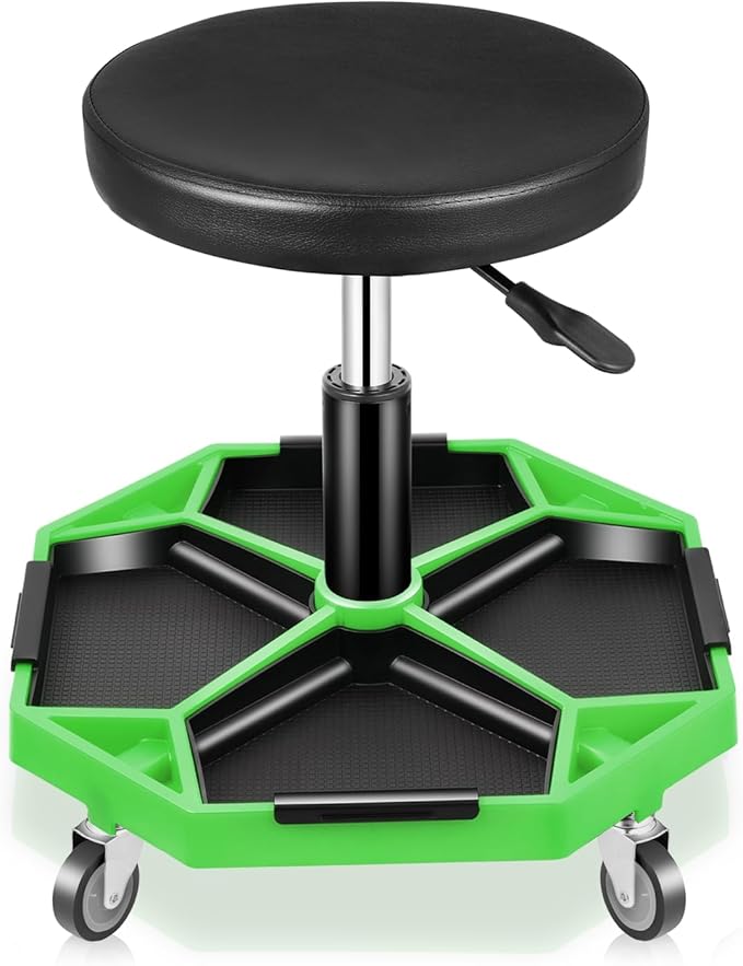Auto Dynasty Mechanic Stool, Adjustable Rolling Pneumatic Creeper Garage Shop Seat with Tool Tray, 300 LBS Roller Seat for Workshop Auto Repair, Adjustable Height 15.7" to 21", Green