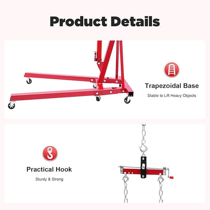 LOYALHEARTDY Engine Hoist with Lever, 2 Ton 4400 LBS Folding Cherry Picker Shop Crane Hoist Lift, Heavy Duty Hydraulic Engine Crane with 6 Casters, Engine Lift Hoist Lever for Engine Lifting Loading