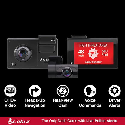 Cobra Smart Dash Cam + Rear Cam (SC 200D) – QHD+ 1600P Resolution, Built-in Wi-Fi & GPS, Voice Commands, Live Police Alerts, Incident Reports, Emergency Mayday, Drive Smarter App, 16GB SD Card Incl.