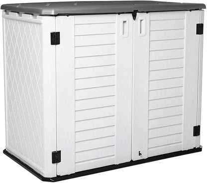 Horizontal Outdoor Garden Storage Shed for Backyards and Patios, Plastic Storage Box Waterproof, Small Shed 26 Cubic Feet Capacity for Bike, Garbage Cans, Lawn Mower, Tools and Garden Accessories