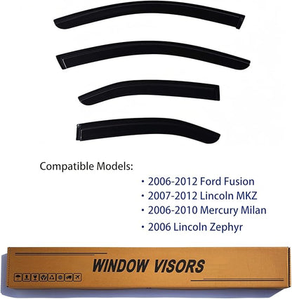 Window Visors Rain Guards fits 2006-2012 Ford Fusion, Out-Channel Window Wind Deflectors Vent Shades Accessories for 2007-2012 Lincoln MKZ, 2006-2010 Mercury Milan, 2006 Lincoln Zephyr, 4 Pcs