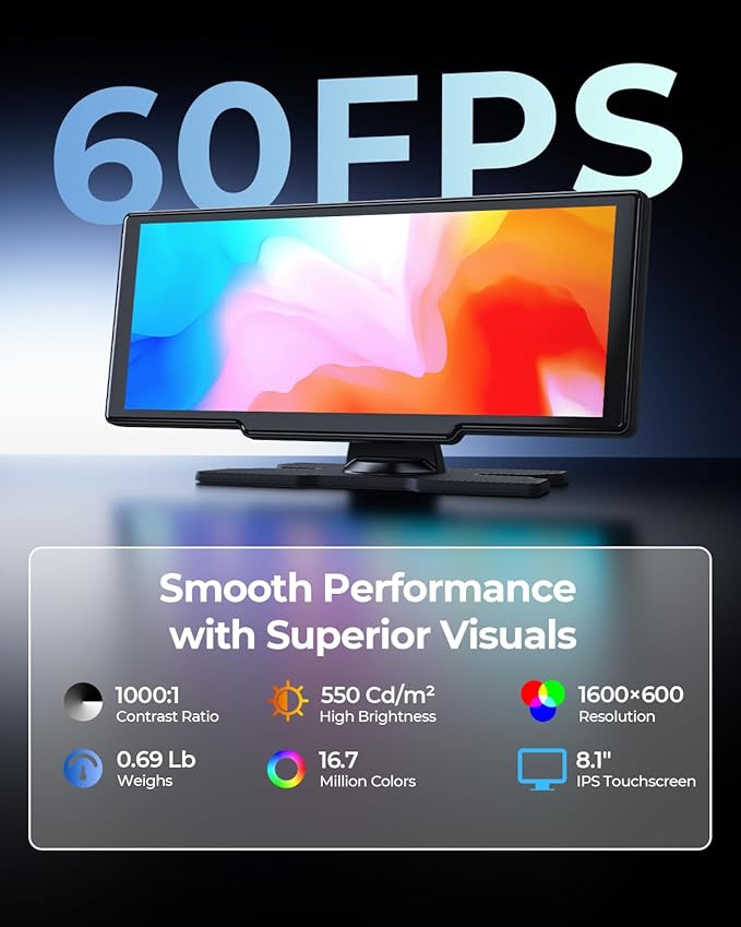 8.1" Wireless Portable 60FPS Car Play Screen for Apple CarPlay & Android Auto, OTA Updates, Backup Camera, Mirror Link, Bluetooth, Voice Control, GPS Navigation