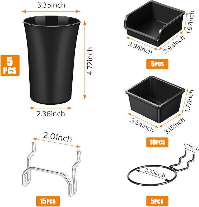 Yookeer 20 Pcs Pegboard Bins and Cups with Hooks and Loops Peg Assortment Organizer Accessories Various Tool Organizer Pegboard Baskets Set for Garage Workshop Workbench Office(Black)
