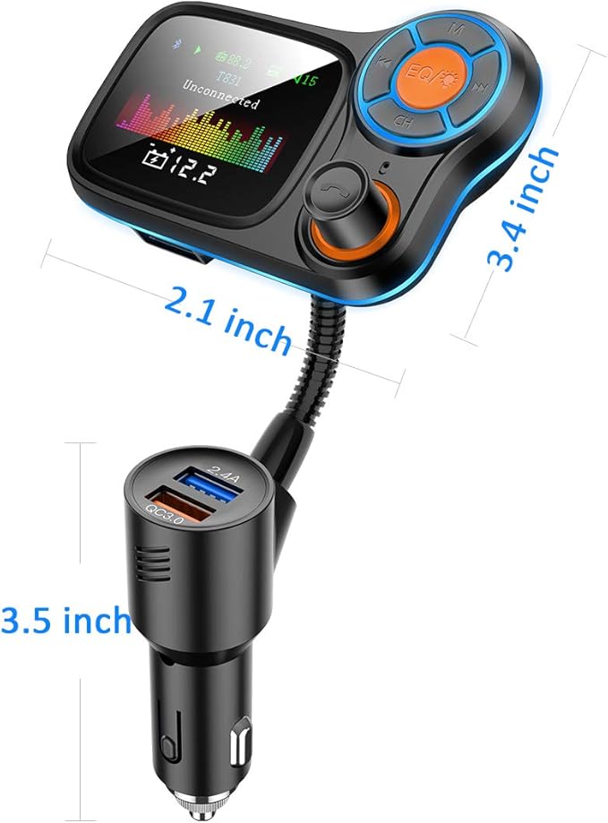 TSNAM Wireless Car Bluetooth Adapter,Radio FM Transmitters HandsFree Call Receiver and MP3 Music/APP Audio Play,QC3.0 and Smart 2.4A Dual USB Charger,1.8" Color Display,Aux Port,TF Card