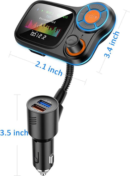 TSNAM Wireless Car Bluetooth Adapter,Radio FM Transmitters HandsFree Call Receiver and MP3 Music/APP Audio Play,QC3.0 and Smart 2.4A Dual USB Charger,1.8" Color Display,Aux Port,TF Card