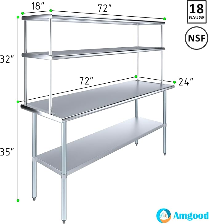 Amgood Stainless Steel Work Table Double Tier Overshelf | Metal Kitchen Prep Table & Shelving Combo (24" x 72" Work Table + 18" Overshelf)