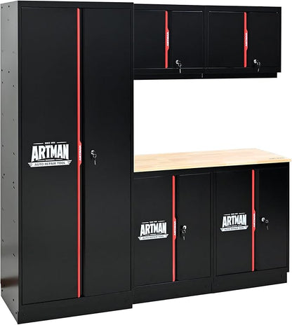 Garage Storage Cabinets System, 6-Pcs Workshop Cabinet Set in Black and Red, Included Steel Cabinets, LED Lights, Wood Panel, Key Locking, Adjustable Door Panels and Legs