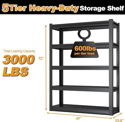 72H Metal Kitchen Storage Shelves, 3000LBS Heavy Duty Garage Shelving Unit, 5-Tier Adjustable Pantry Shelves, Food and Beverage Storage Rack, Appliance Storage Utility Shelf for Balcony - Black