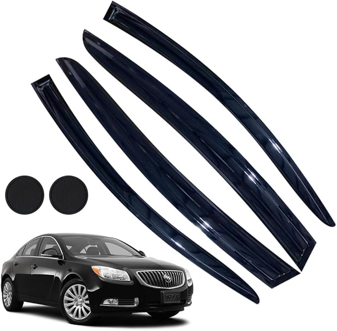 Rain Guards for Buick Regal 2011-2017, Tape-on Side Window Deflectors, Window Visors for Buick Cars, 4 Rain Guards & 2 Car Coasters