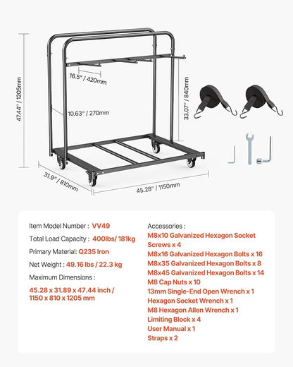 VEVOR Folding Chair Rack, 400 LBS Capacity, Heavy-Duty Chair Cart for 5 Tables+14 Chairs, Chair Storage Dolly Chair Holder w/Swivel Casters and Locking Wheels,for Party Event,Hotel, Matte Black