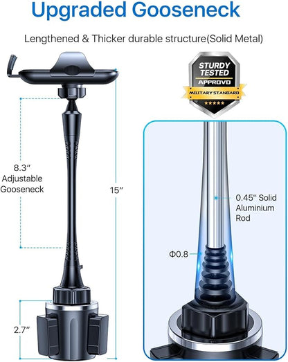 Danmus® Upgraded Car Cup Holder Phone Mount with Extendable Base, [15-in Adjustable Long Gooseneck] [Military-Grade] Car Truck Mount Compatible with iPhone 16 15 14 13 Pro Max Samsung S25 All