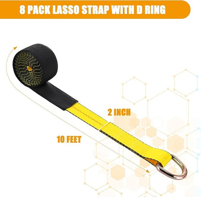 8Pack 2" X 10 ft Tow Truck Straps Lasso Wheel Lift Straps Lasso Tow Strap with D Ring 11, 000 Lbs Break Strength Auto Tie Down Auto Hauler for Trailer Truck Tie(Yellow)