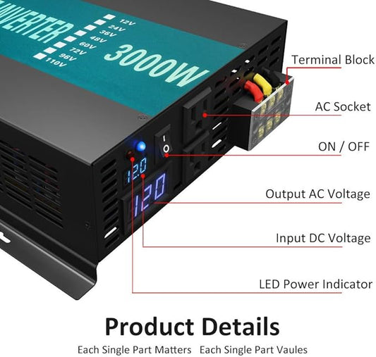 WZRELB 3000W 12V Pure Sine Wave Solar Power Inverter DC AC Converter (RBP300012W),Black
