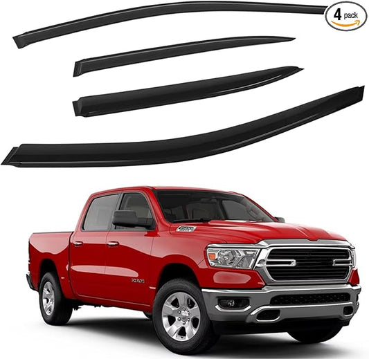 Rain Guards for 2019-2025 Dodge Ram 1500 Crew Cab (New Body Style, Includes TRX), Outside Mount Window Visors Wind Deflectors Vent Shades, 2020 2021 2022 2023 2024, Exterior Car Accessories