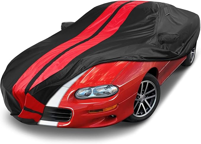 iCarCover Custom Car Cover Compatible with Camaro 1993-2002, Waterproof All Weather Rain Snow UV Sun Protector Full Exterior Indoor Outdoor Car Covers, Stripe (Black/Red)
