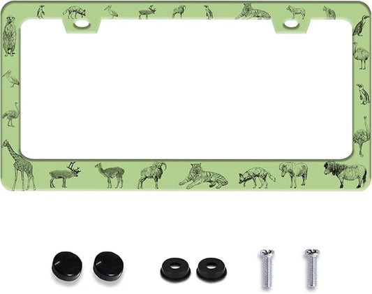 Personalized License Plate Frame Animals Stainless Steel Accessory Wolf Deer Horse Tiger Holder Funny Car Decorative 2 Holes Screws Fits Us Standard License Plates 12.2 X 6.3 in for Men Women