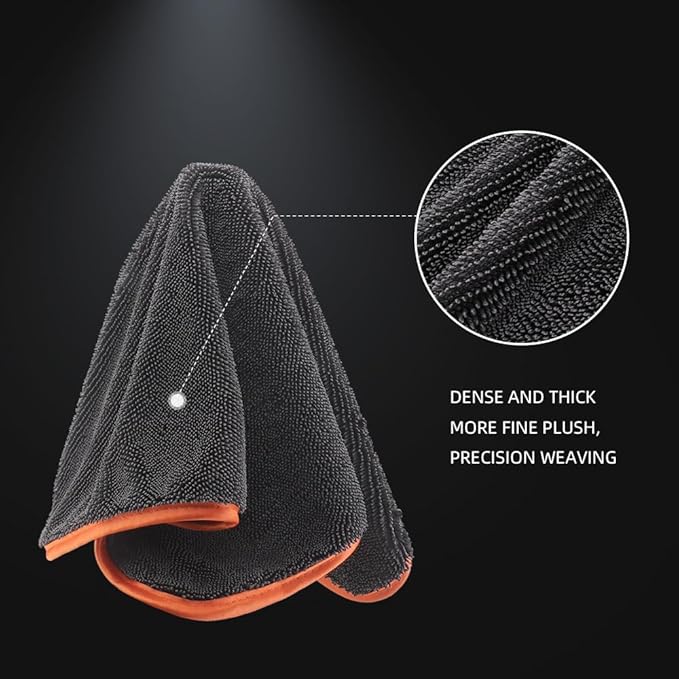SPTA Microfiber Car Drying Towels, Cleaning Cloth Towels, Twist Pile Rapid Drying Orange Edge Car Microfiber Towels for Car Detailing, Pack of 3, 16.5 x 16.5 Inch, 600 GSM, Gray-MT040