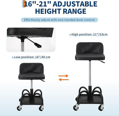 Garage Stool, 19”-25” Adjustable Rolling Mechanic Stool with Universal Wheels, Removable Magnetic Tool Tray, 300LBS Capacity, Roller Creeper Seat, Shop Chair