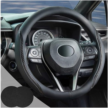 Car Steering Wheel Cover Black, 14-14.5 inch Steering Wheel Covers with Coasters Microfiber Leather Carbon Fiber Breathable Anti-Slip Durable Universal Auto Steering Wheel Protective