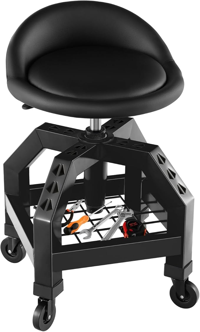 Goplus Rolling Garage Stool, 22.5”-27.5” Adjustable Mechanic Chair with Padded Seat, 330LBS Capacity, Tool Tray, Heavy Duty Creeper Seat, 360° Swivel Shop Stool for Workshop