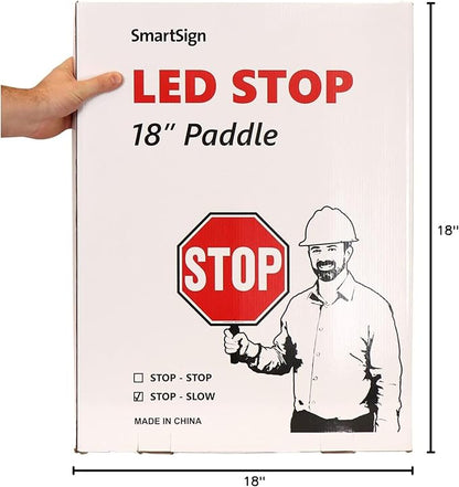 SmartSign LED STOP SLOW Paddle - Reflective Hand Held Stop Slow Sign with Handle, 18" Double-Sided, Steady/Flashing LED Light Modes, Rechargeable, Pack of 1