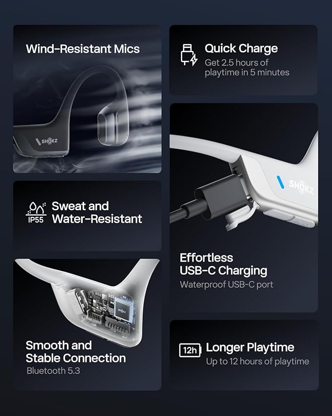 SHOKZ New OpenRun Pro 2 - Open-Ear, Bone Conduction Sport Headphones - with Reflective Strip - Sweat Resistant, Workout Headphones - Secure, Wireless, Comfortable Fit-Deep Bass and Smart Mic App