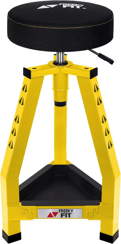 Adjustable Tall Shop Stool, Mechanic Garage Bar Stool Chair, Work Metal Chair for Workshop,360° Swivel Padded Seat, Tool Tray Storage, 350 LBS Capacity, Heavy Duty, Yellow