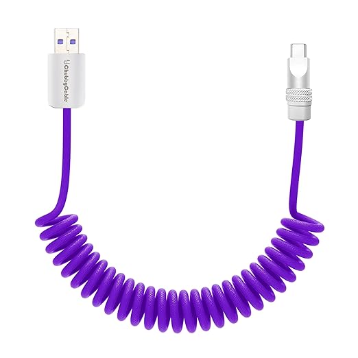chubbycable Curly Chubby - Retractable Fast Charging Cable 240W Coiled Charger Cord for Car Durable USB-C Cable for Phones, Tablets and More, Purple, USB-A to Type-C, 1.3FT-2.3FT