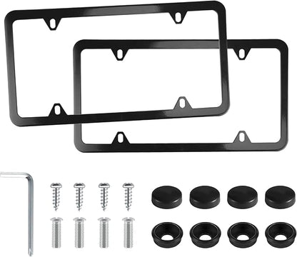 LivTee 4 Holes Stainless Steel License Plate Frames, 2 PCS Car Licence Plate Covers, Automotive Exterior Accessories Slim Design with Bolts Washer Caps for US Vehicles, Black