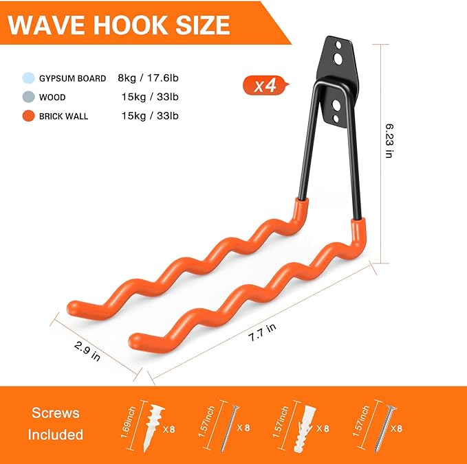 Heavy Duty Garage Hooks 4 Pack, 7.7 inch Wave Long Hanger, Wall Mounted Storage System, Power and Garden Tool Organizer, for Hanging Ladders, Bikes, Hose, Bulk Items and More