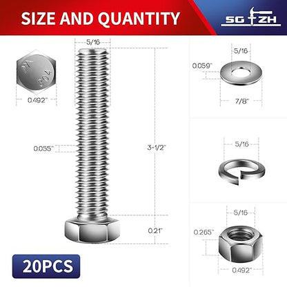5/16-18 x 3-1/2" Hex Head Screw Bolt, Nuts, Flat & Lock Washers, 20Pcs 18-8 (304) Stainless Steel, Fully Threaded, by SG TZH