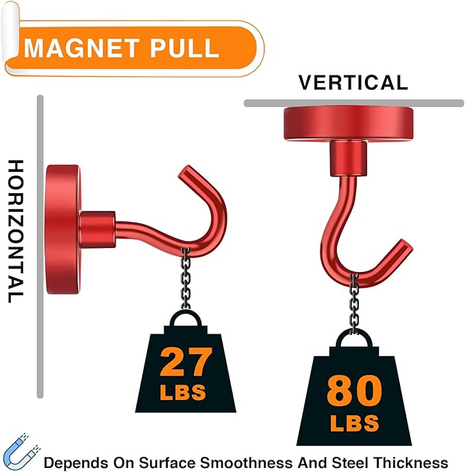MIKEDE Magnetic Hooks Heavy Duty, 80LB Strong Magnet with Hook for Fridge, Super Neodymium Extra Strength Industrial Hooks for Hanging, Magnetic Hanger for Toolbox, Cruise, Grill(Red,4 Pack)