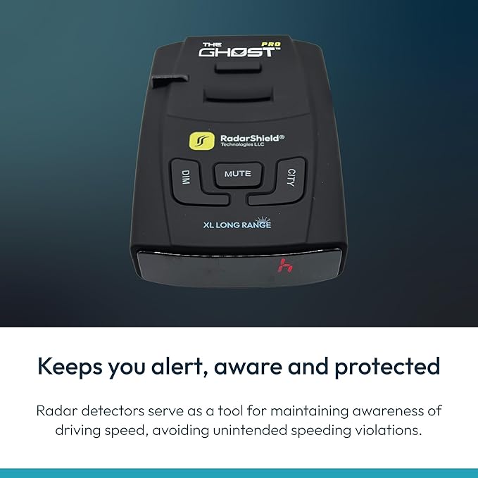 RadarShield Advanced Radar Detector for Cars, Ghost Pro Radar & Laser Detector with Long Range Detection, IVT Filtering, Laser Detection, Mute & Dim Buttons, Includes Mount & 12V Adapter, Black