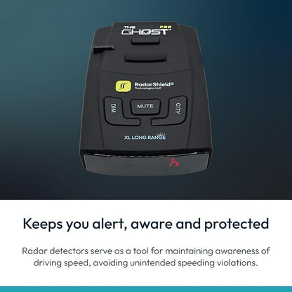 RadarShield Advanced Radar Detector for Cars, Ghost Pro Radar & Laser Detector with Long Range Detection, IVT Filtering, Laser Detection, Mute & Dim Buttons, Includes Mount & 12V Adapter, Black