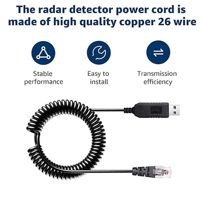 Radar Detector Colied Cable with USB to RJ11 Plug Cable 5V-12V Power Cable Compatible with Escort Uniden Radenso XP Beltronics Cobra Whistler 9.8FT Powered for 12V Radar Detectors
