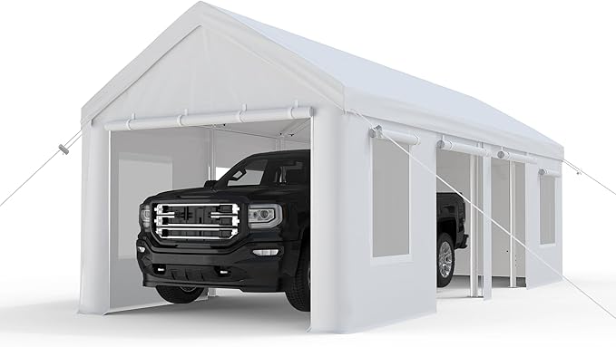 13x25ft Carport, Heavy Duty Carport with Reinforced Steel Poles, Upgraded Portable Garage with Doors & Window, UV Resistant All-Season Waterproof Tarp, for Car, Truck, Boat(White)