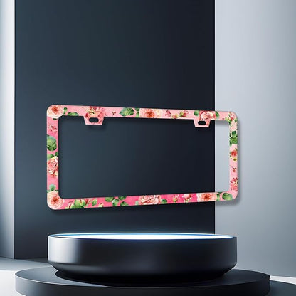 Watercolor Roses License Plate Frame Pink Floral Flower License Plate Holder for Women Car Decorative Stainless Steel Colorful License Plate Flowers Auto Parts with Screws 12.2" x 6.2"