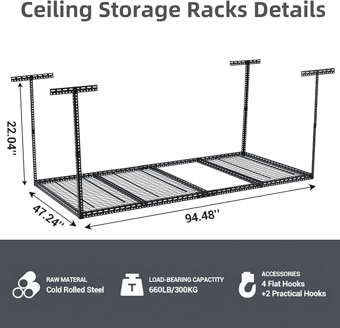 4x6 FT Overhead Garage Storage Rack, Steel Ceiling Storage Rack for Garage, Height Adjustable 22''-40", Heavy Duty 330 lbs Weight Capacity Storage Organizer System, for Basement Warehouse