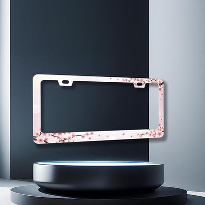 Cherry Blossom License Plate Frame Floral Pink Flowers License Plate Holder Stainless Steel Colorful Design Compatible with Standard License Plate for USA Canada 12.3" x 6.3" with 2 Screws