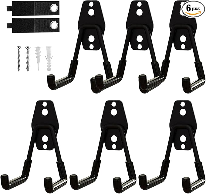 6-Pack Small Square Heavy Duty Garage Hooks, Ideal for Hanging Ladders, Bikes, Tools, Garage, Garden, Basement, Shed, Utility Room Storage (Black)