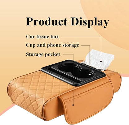 Car arm Rest Cover Pad, 5-in-1 Center Console Cover with Cup Holder, Tissue Box Slot, Mobile Phone Storage Slot, Suitable for Most Car Console Organizer, 13.8''x7.1''x3.0'', (Orange)