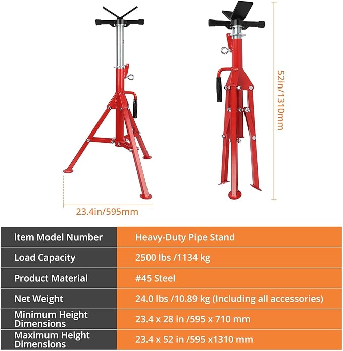 V-Head Pipe Jack Stand, Heavy-Duty Folding Pipe Stand with 2500 Lbs Load Capacity, Adjustable Height 28"-52" for Welding, Automotive & Construction Projects, Red