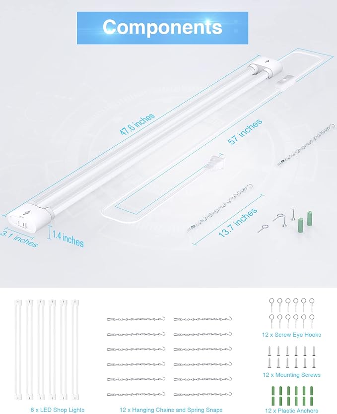 Ensenior 6 Pack Linkable Led Shop Light 4ft for Garage, 4400 High Lumens, 36W Equivalent 280W, 5000K Daylight, 48 Inch Utility Shop led Lights, Surface or Hanging Mount Fixtures, White, ETL Certified