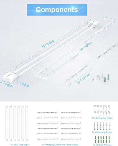 Ensenior 6 Pack Linkable Led Shop Light 4ft for Garage, 4400 High Lumens, 36W Equivalent 280W, 5000K Daylight, 48 Inch Utility Shop led Lights, Surface or Hanging Mount Fixtures, White, ETL Certified