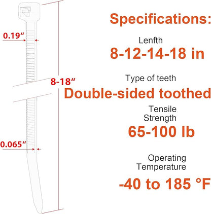 Zip Ties Assorted Size,8+12+14+18 Inch Double Sided Toothed,100 LBS Tensile Strength Heavy Duty Cable Wire Ties With Self-Locking Adjustable More Durable Nylon Tie Wraps for Indoor Outdoor（400 Pack）