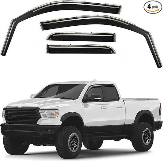 GrandWheel Co Smoke Tinted in-Channel Side Window Vent Visor Deflectors Rain Guards Compatible with Dodge Ram 1500 2019-2025 Quad Cab - 4pcs. GW0949
