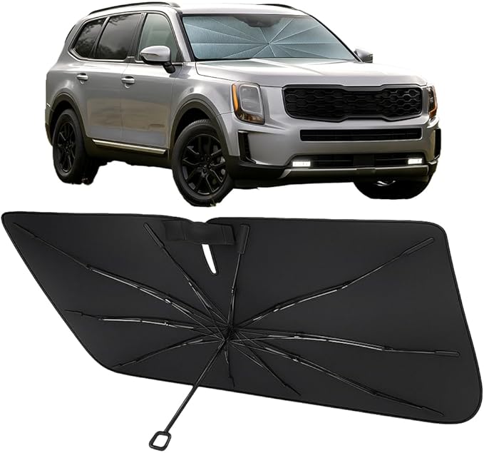 Proadsy Windshield Sun Shade Umbrella for Kia Telluride 2020-2025 2026 Foldable Car Umbrella Sunshade with Soft TPU Handle Spring Structure Crystal Cooling Material Protect Car from Rays & Heat