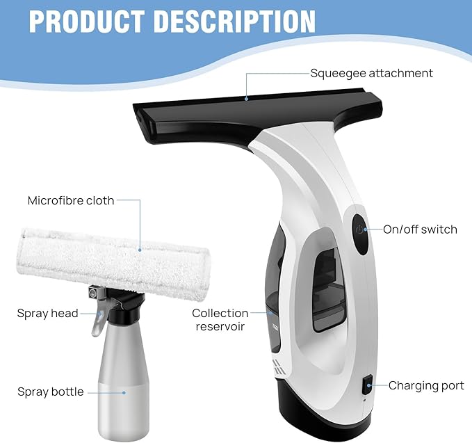 Handheld Window Vacuum Cleaner, Small Rechargeable Window Vacuum Cleaner with Multi-Function Spray Bottle and Microfiber Cloth for Windows, Tiles, Mirrors, countertops and car windshields.