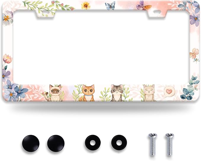 Cat License Plate Frame Beautiful Butterflies Flowers License Plate Holder Funny Personalise Car Stainless Stee Decorative Parts for Standard Us Canada Vehicles 12x6 Inch for Women Men