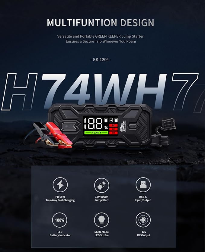 Jump Starter Battery Pack 3000A: 12V Car Battery Booster for 8.0L Gas/Diesel Engines, Force Start Car Battery Jumper with PD65W Fast Charge Powerbank, Safety Smart Jumper Cable, Emergency LED Lights